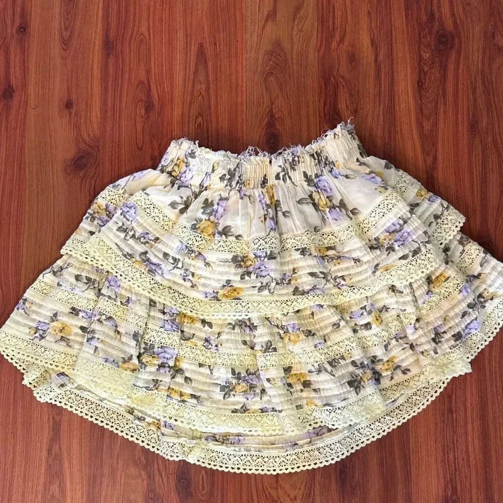 Aerie yellow floral lace crochet trim layered skirt size xs